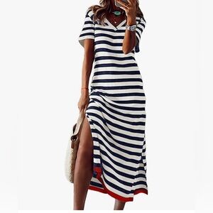 Striped Block V Neck Dress With Pockets